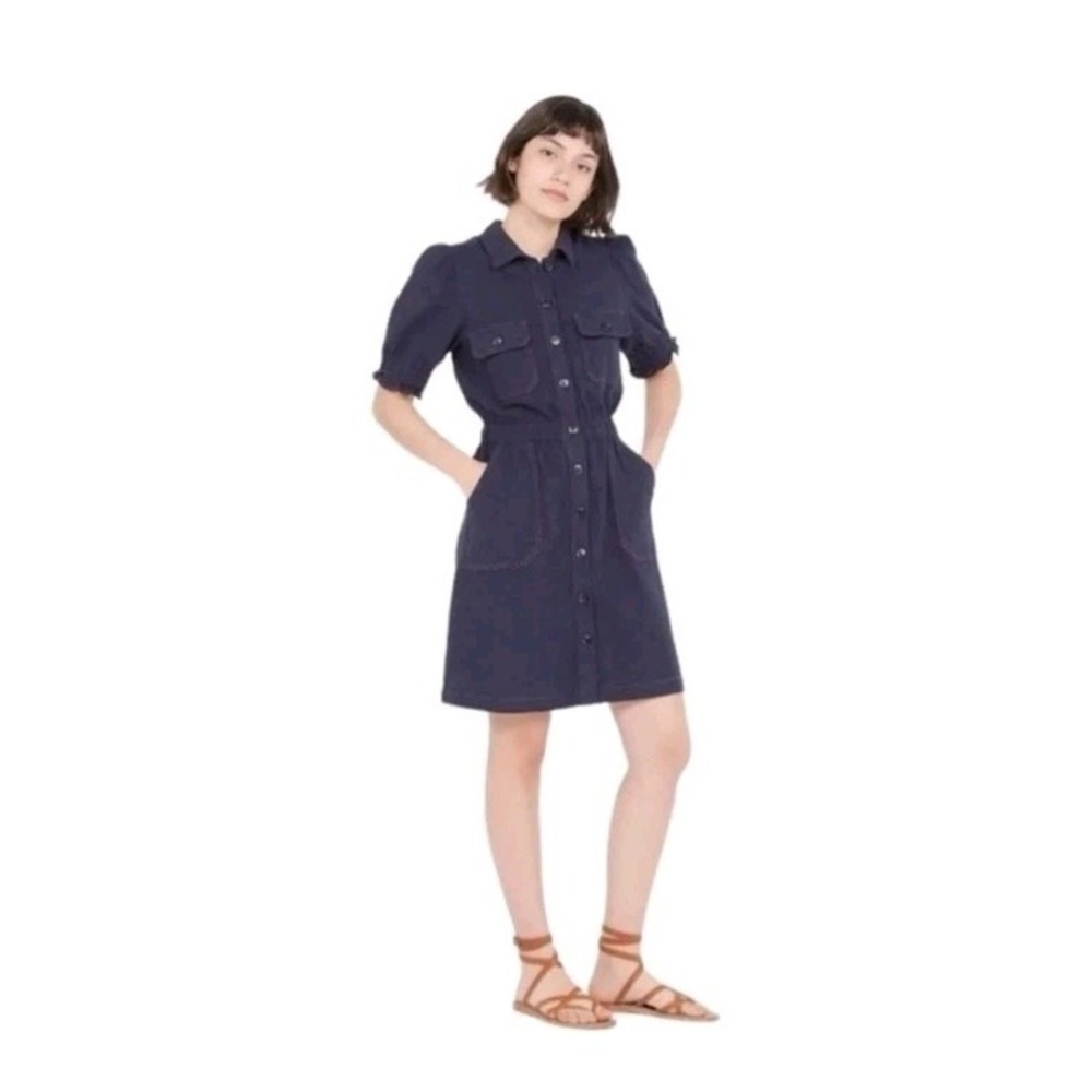 Anthropologie FRNCH Paris Mini Shirt Dress Navy Pink Stitching SS Pockets Sz‎ S